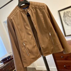 Cognac brown vegan leather jacket.
